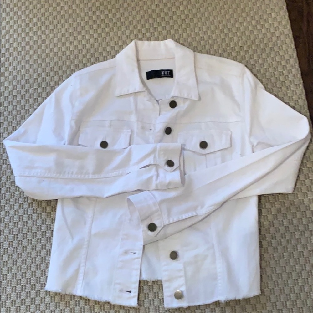 Worn one time KUT denim jacket with frayed edge